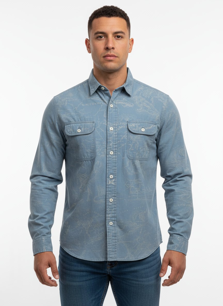 Camisa de botones Polo Ralph Lauren 🏇🏼 color celeste grisáceo con diseño de mapa Talla L Entalle Regular