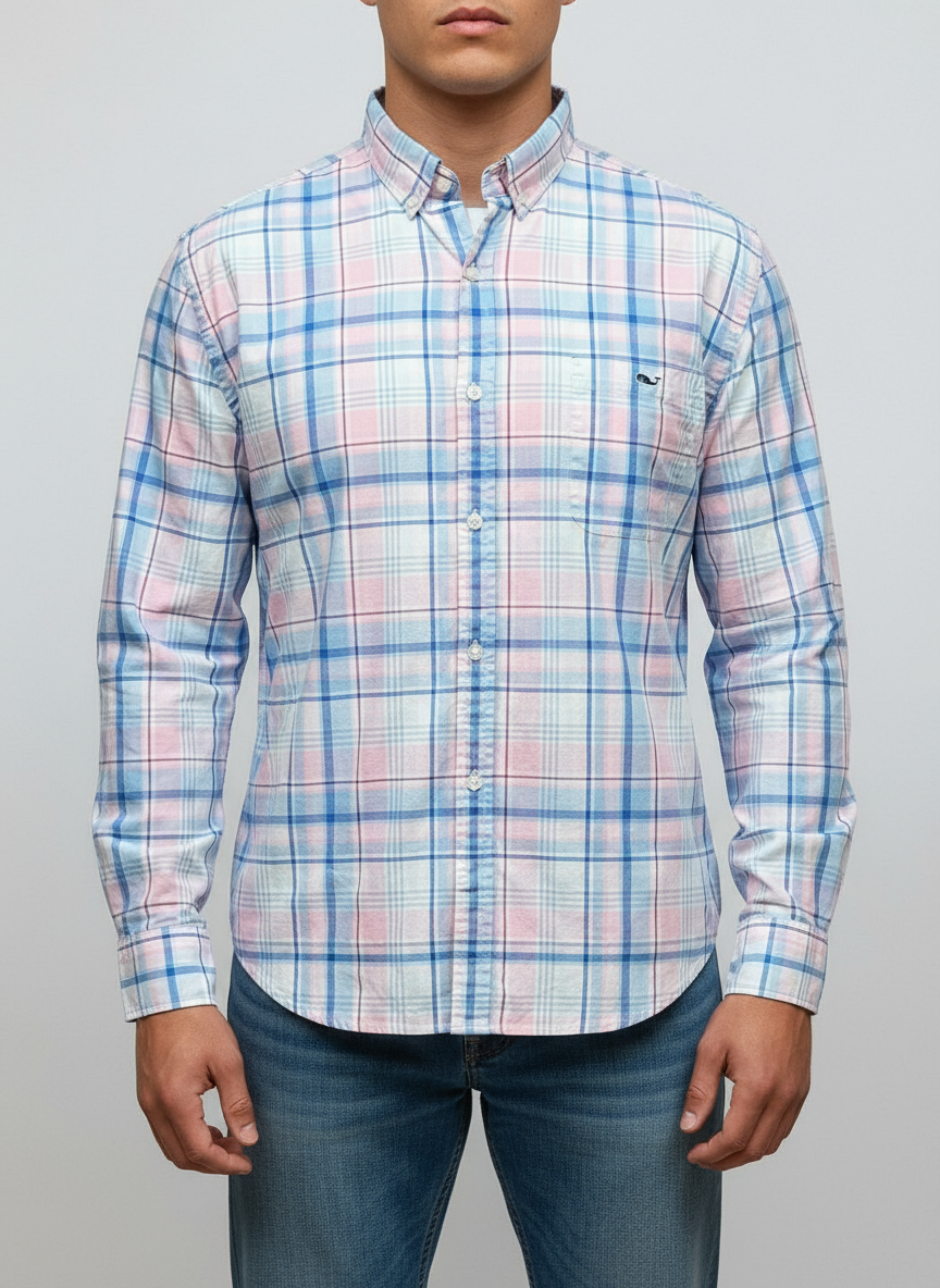 Camisa de botones Vineyard Vines 🐳 de cuadros en color rosado, celeste y blanco Talla S Entalle Slim Fit