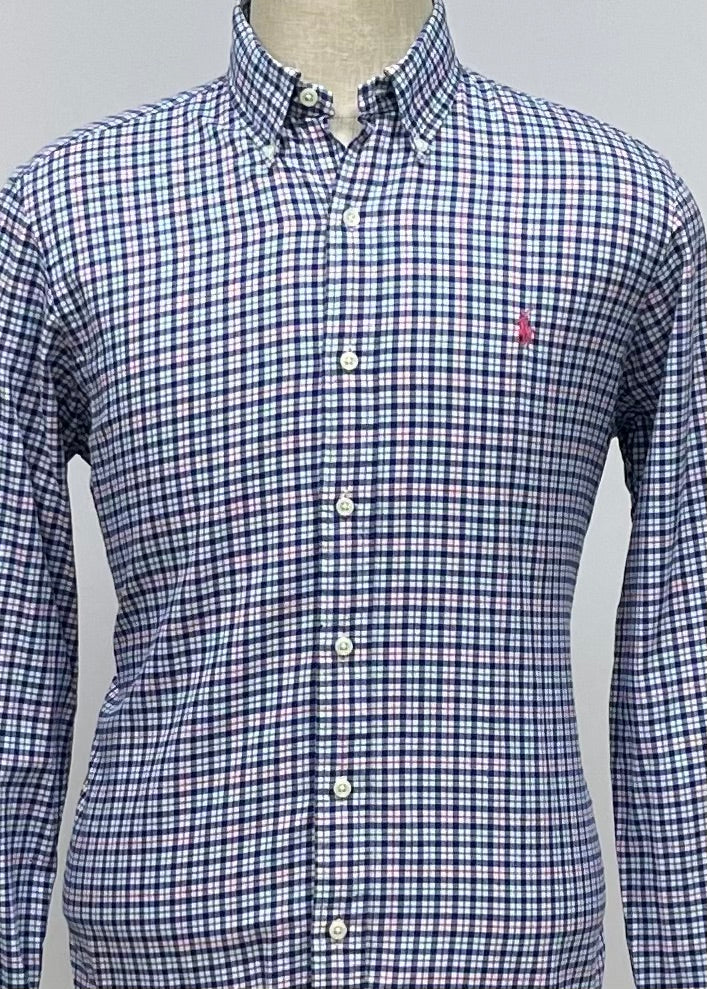 Camisa Polo Ralph Lauren 🏇🏼 color blanco con patron de cuadros rosado, verde y azul Talla M Entalle Regular