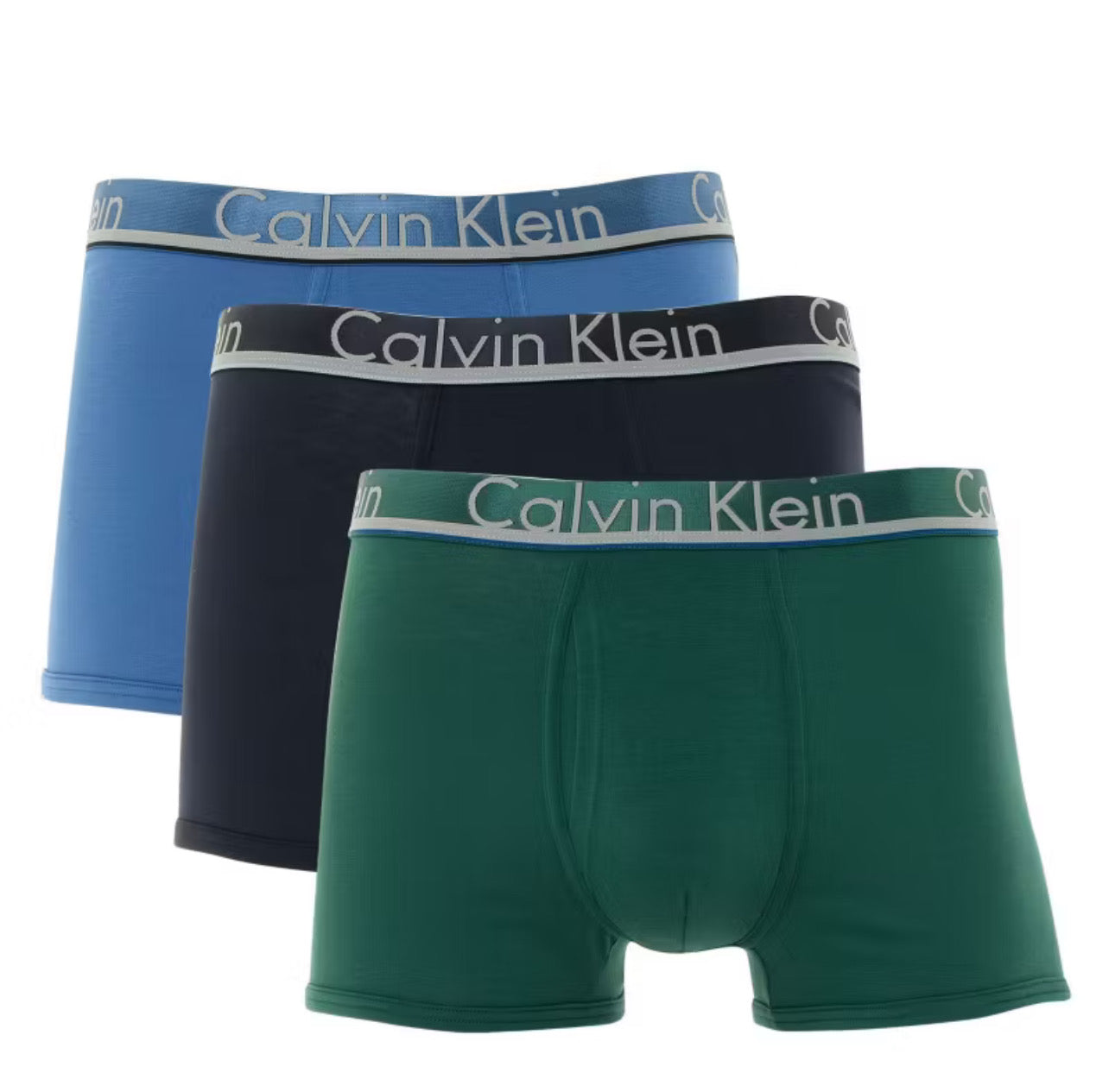 Paquete de 3 Calzoncillos tipo Boxer Calvin Klein The Ultimate Comfort en color azul, verde y negro - Tela ligera en Talla XL