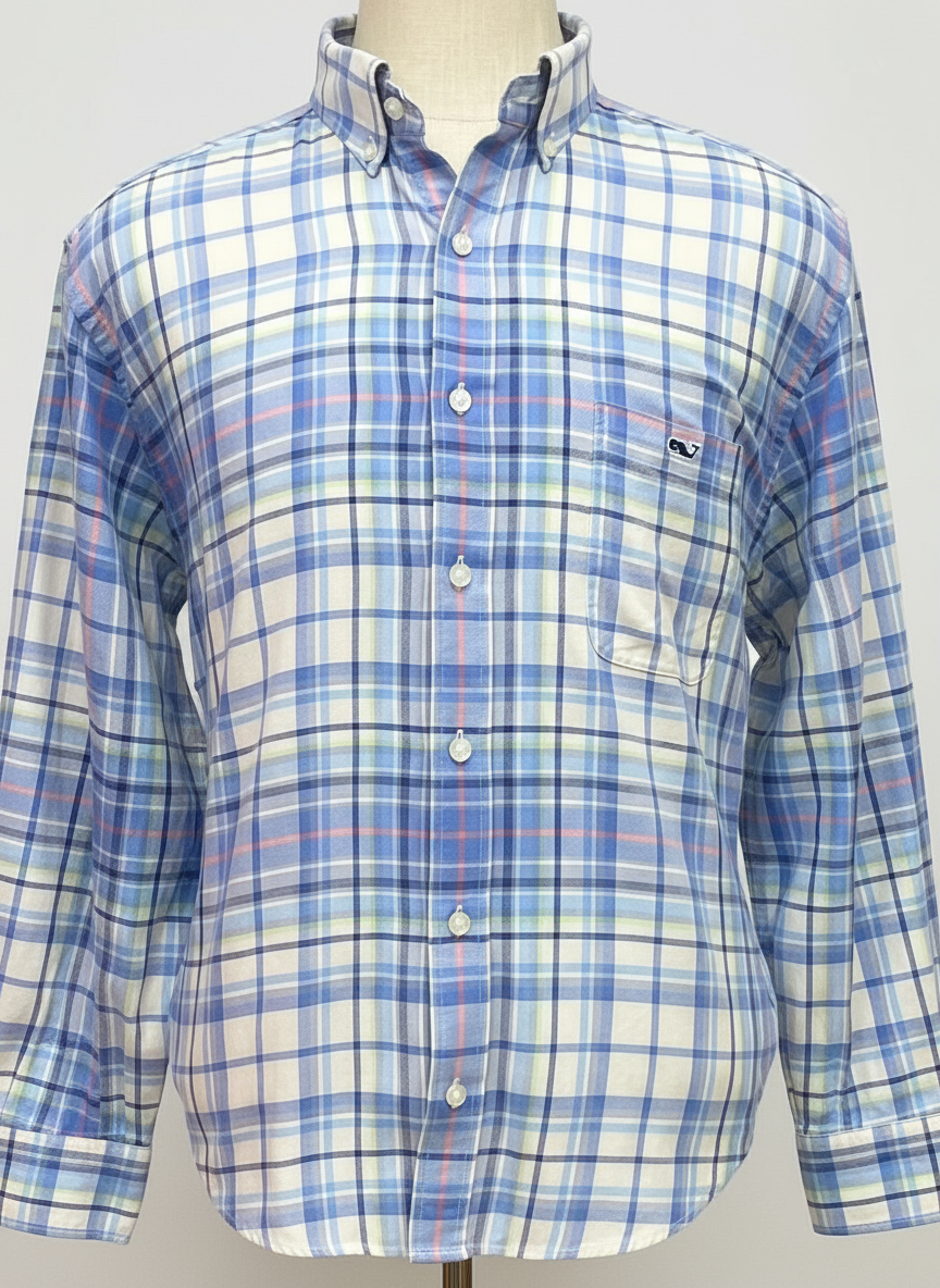 Camisa de botones Vineyard Vines 🐳 color blanco de cuadros tartán en color celeste y azul Talla XL Entalle Slim Fit