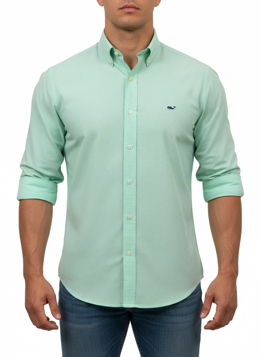 Camisa de botones Vineyard Vines 🐳 de cuadros finos en color verde claro y blanco Talla M Entalle Regular (ver descripción)