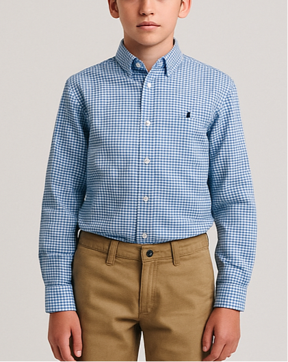 Camisa Polo Ralph Lauren 🏇🏼 color patron de cuadros gingham en celeste y blanco Talla L (14-16) de niño Entalle Regular