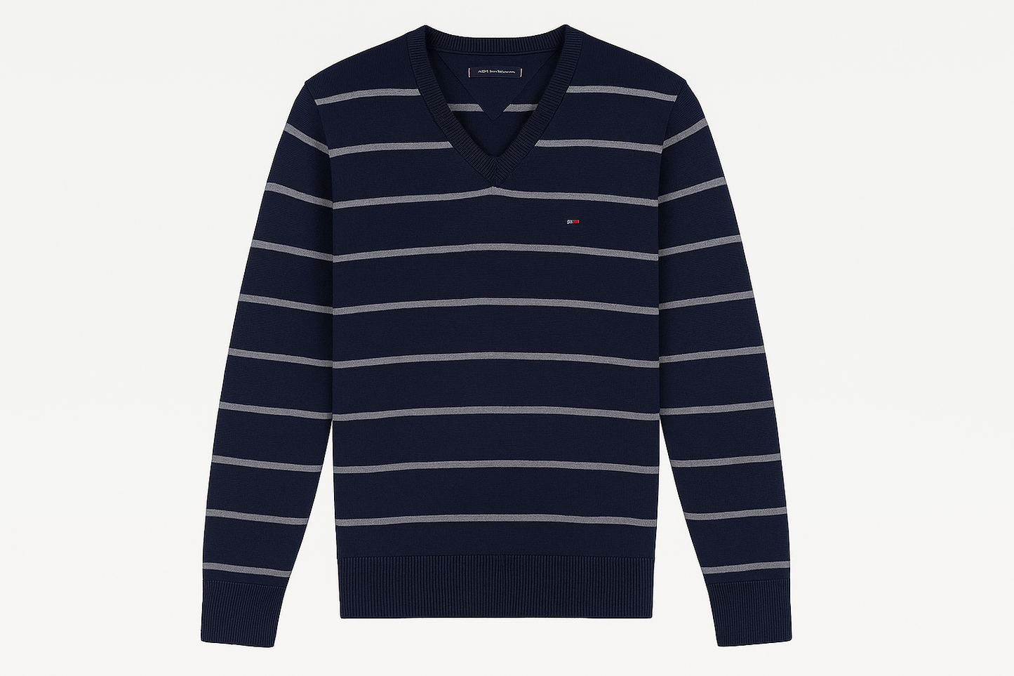 Sueter Jersey con cuello V Tommy Hilfiger 🇺🇸 color azul oscuro con rayas en color gris Talla S