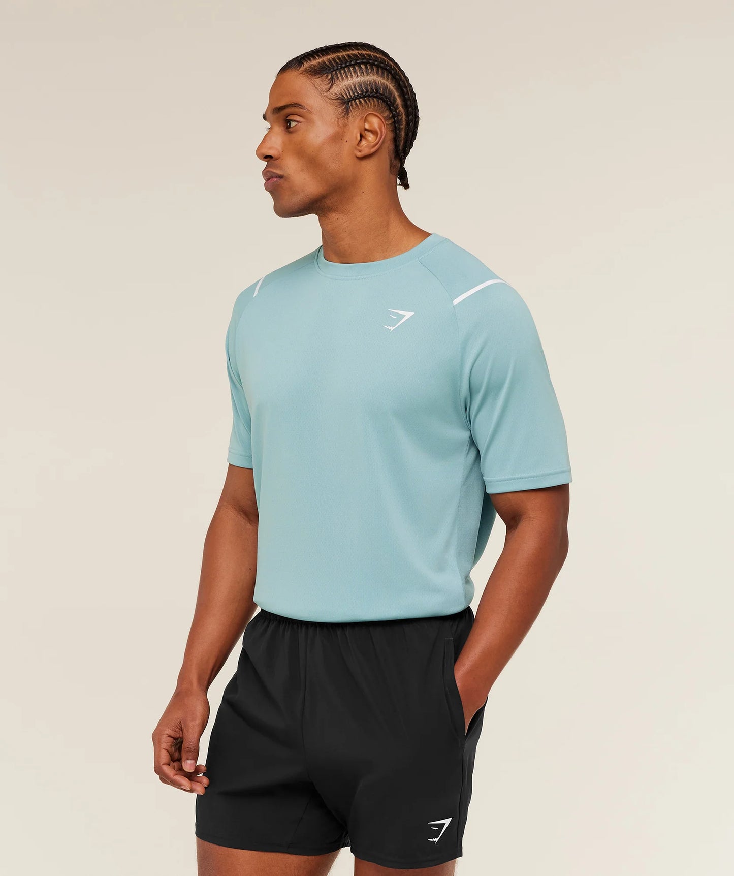 Camiseta de entrenamiento cuello redondo Gymshark 🏋🏽 color celeste con líneas y logo en blanco Talla L