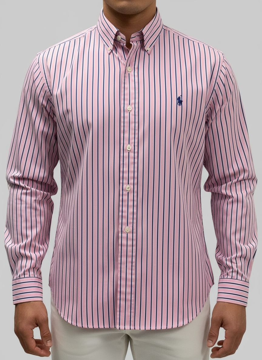 Camisa Polo Ralph Lauren 🏇🏼 Color rosado de rayas en color azul y blanco Talla L Entalle Custom Fit