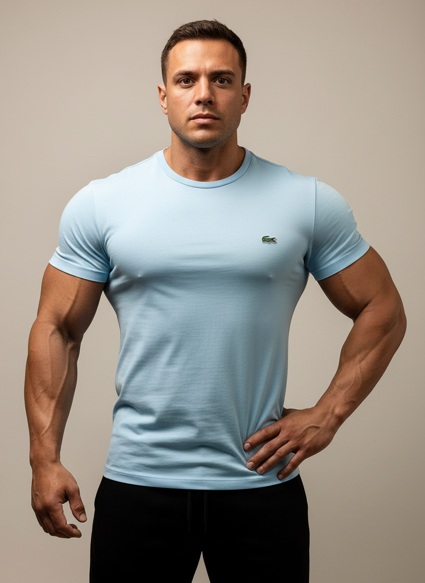 Camiseta cuello Redondo Lacoste 🐊 color celeste con el logo bordado tradicional Talla Large