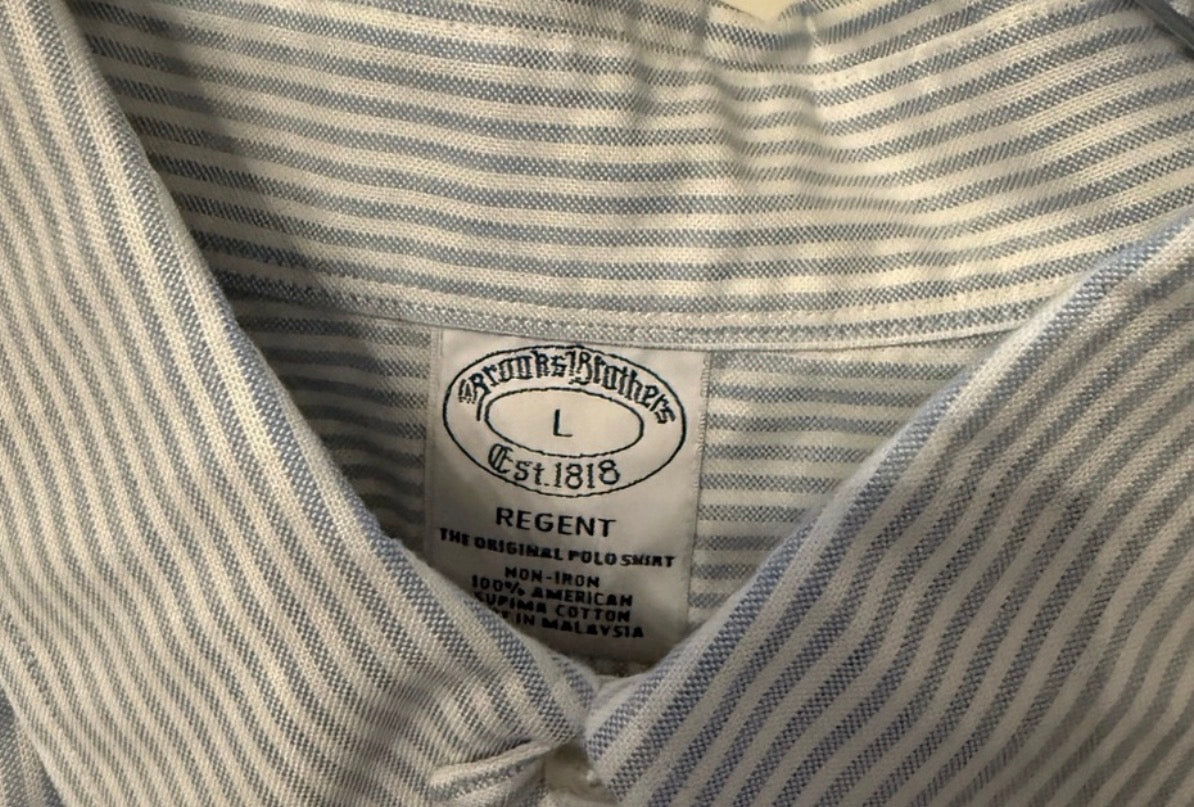 Camisa de botones Brooks Brothers 🐑 Oxford de rayas en celeste y blanco Talla L Entalle Regular