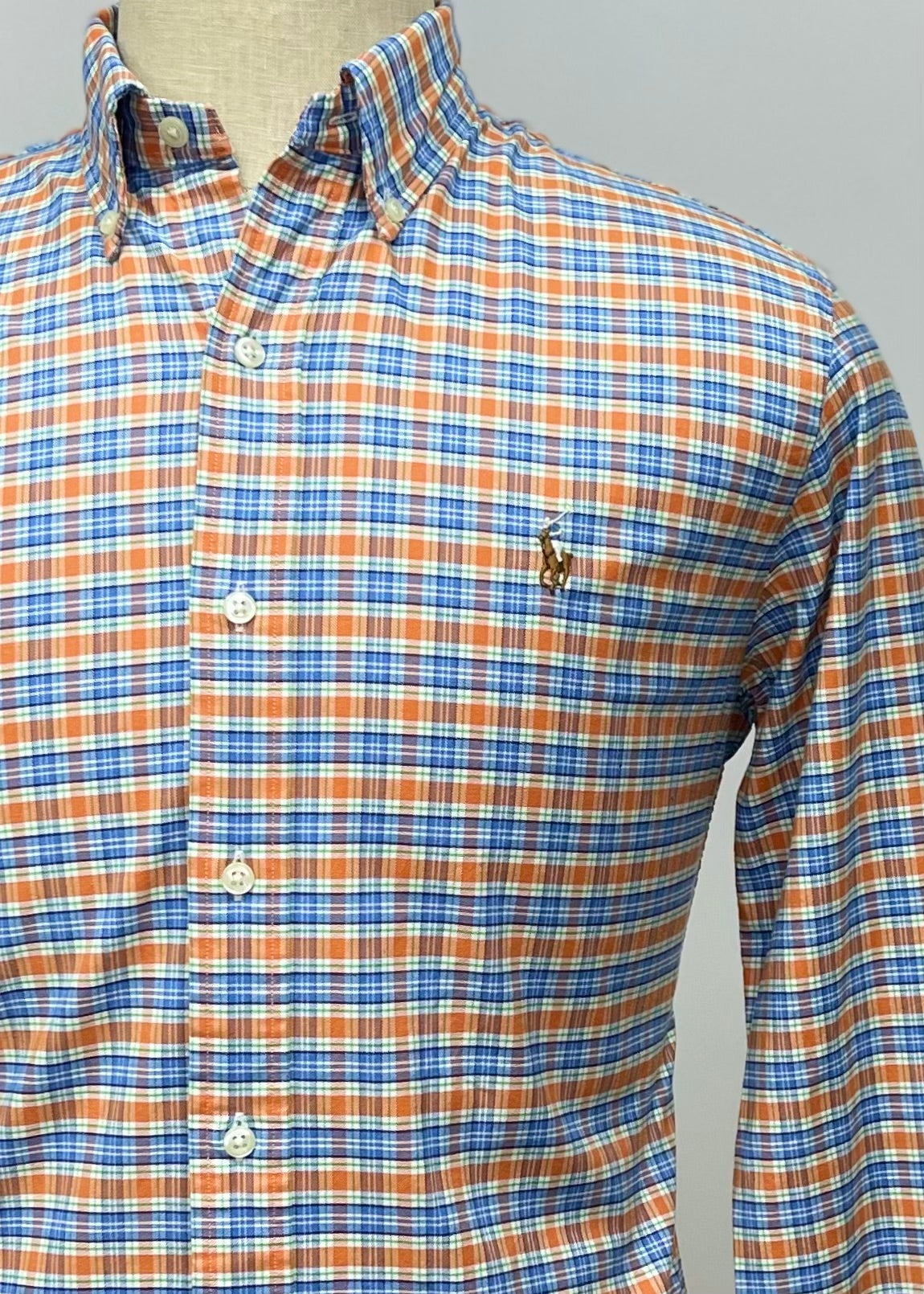 Camisa Polo Ralph Lauren 🏇🏼 Oxford con patron de cuadros tartán en color naranja, azul y blanco Talla M Entalle Slim Fit