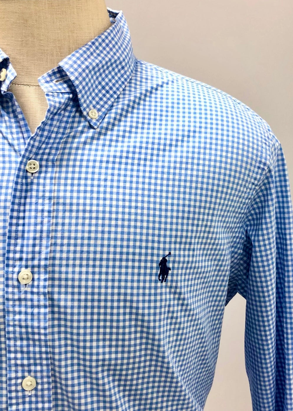 Camisa Polo Ralph Lauren 🏇🏼 con patron de cuadros gingham celeste y blanco Talla L Entalle Clásico