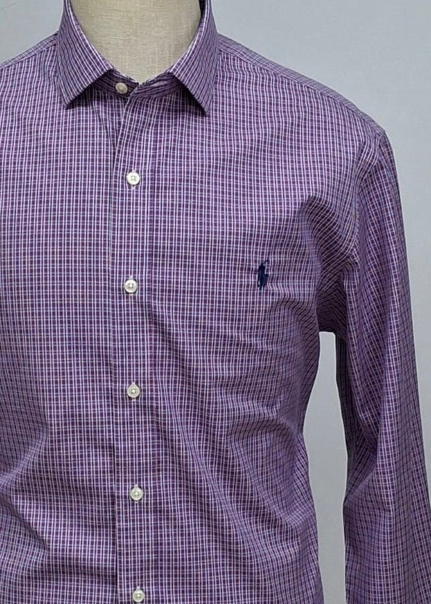 Camisa Polo Ralph Lauren 🏇🏼 color blanco con cuadros morado y azul Talla XL Entalle Slim Fit