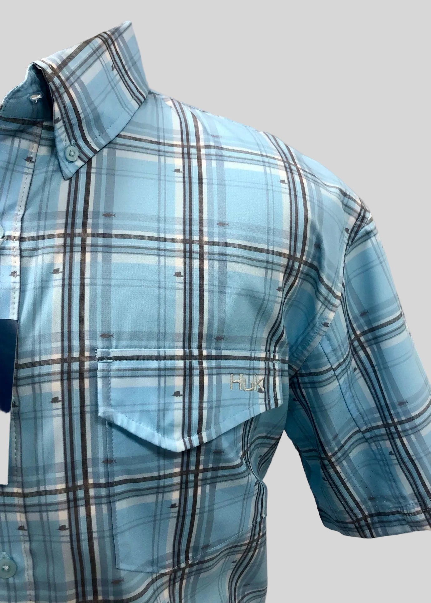 Camisa de botones Huk 🐠 de cuadros en celeste, negro y blanco Manga corta Talla L