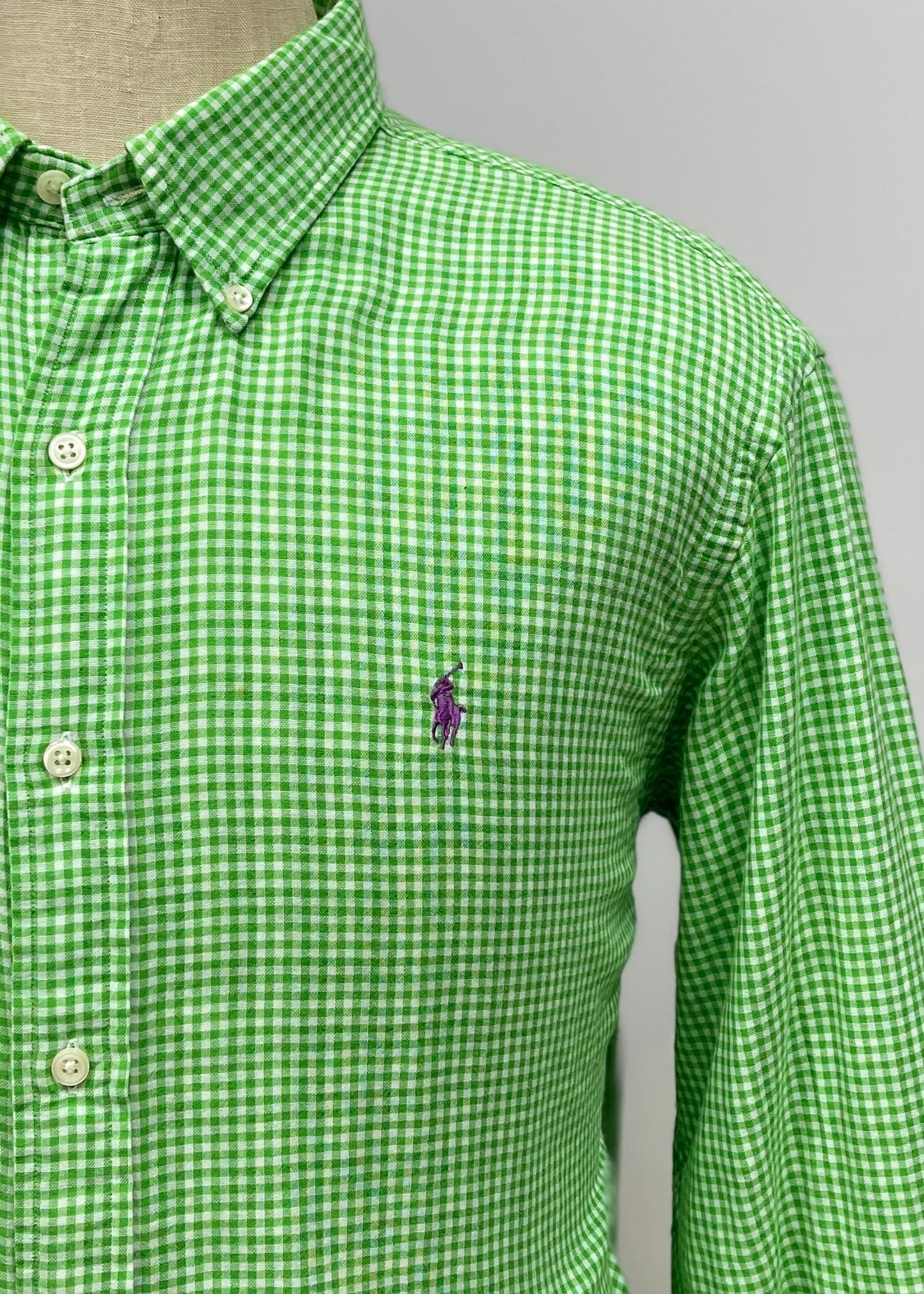 Camisa Polo Ralph Lauren 🏇🏼 con patron de cuadros gingham verde y blanco Talla XL Entalle Custom Fit