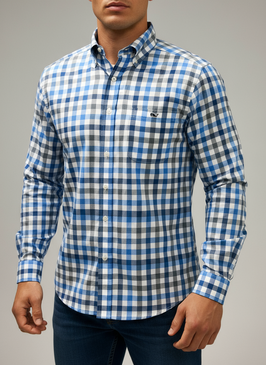 Camisa de botones Vineyard Vines 🐳 color blanco de cuadros en color gris y azul Talla S Entalle Slim Fit