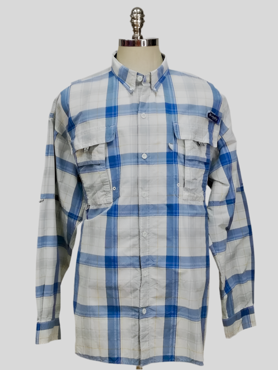 Camisa Columbia 🔹 Super Bahama Color blanco con patrón de cuadros en azul y gris Talla XXL