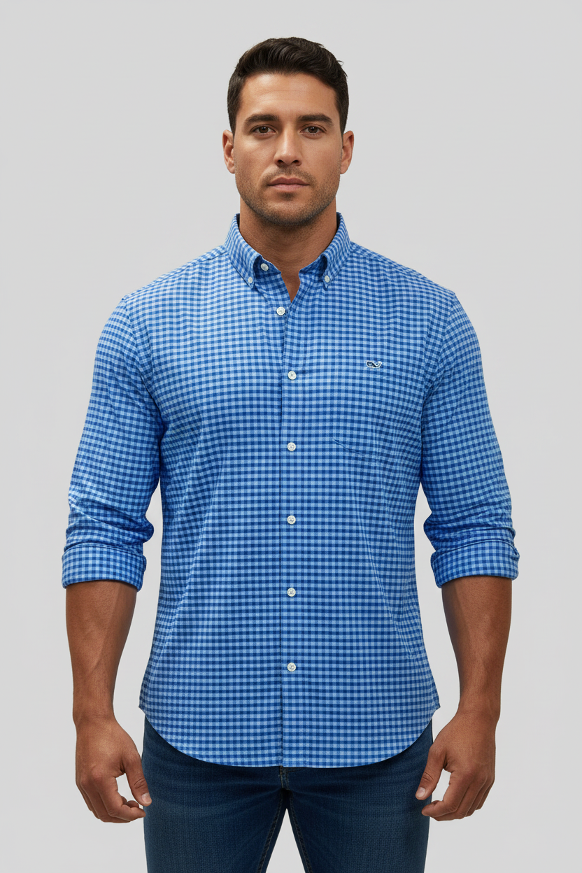 Camisa Vineyard Vines 🐳 Performance de cuadros gingham en color celeste y azul Talla XL Entalle Clásico