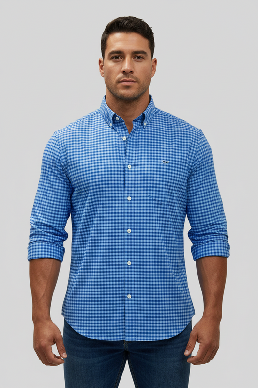 Camisa Vineyard Vines 🐳 Performance de cuadros gingham en color celeste y azul Talla XL Entalle Clásico