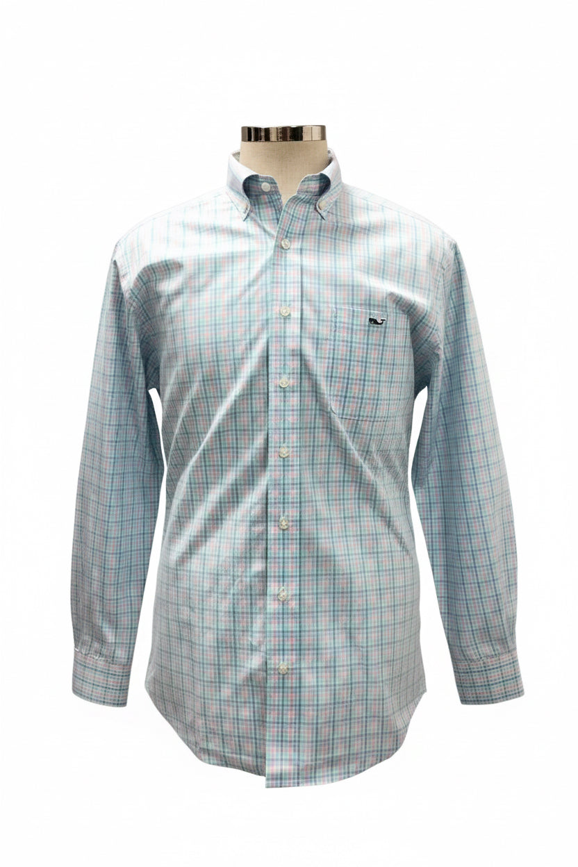 Camisa Vineyard Vines 🐳 Color blanco de cuadros en color rosado y celeste Talla M Entalle Clásico