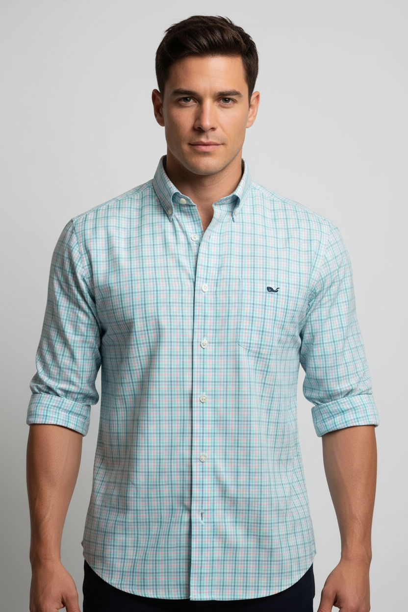 Camisa Vineyard Vines 🐳 Color blanco de cuadros en color rosado y celeste Talla M Entalle Clásico