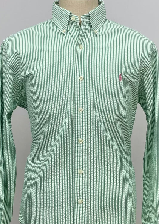 Camisa Polo Ralph Lauren 🏇🏼  Color blanco con patrón de rayas en verde Seersucker Talla L Entalle Clásico