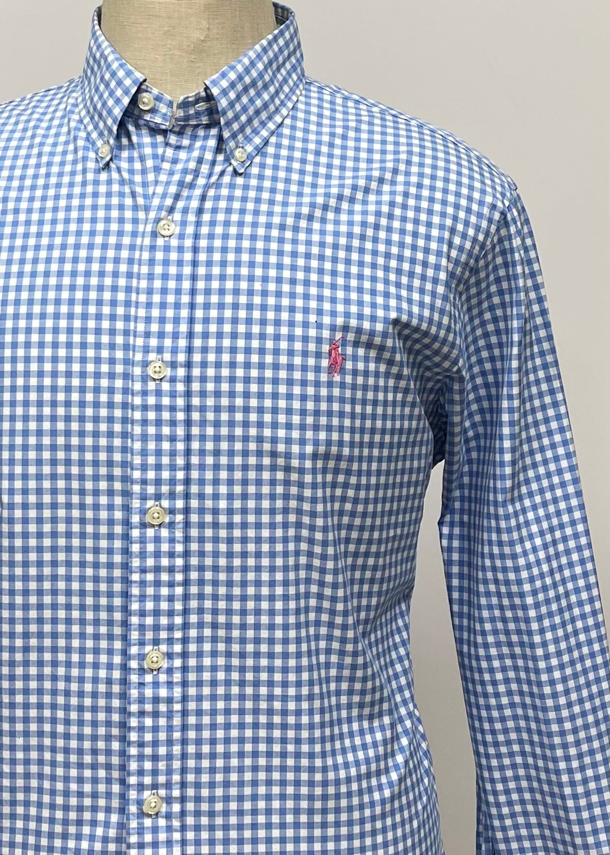 Camisa Polo Ralph Lauren 🏇🏼 con patron de cuadros gingham celeste y blanco Talla L Entalle Slim Fit