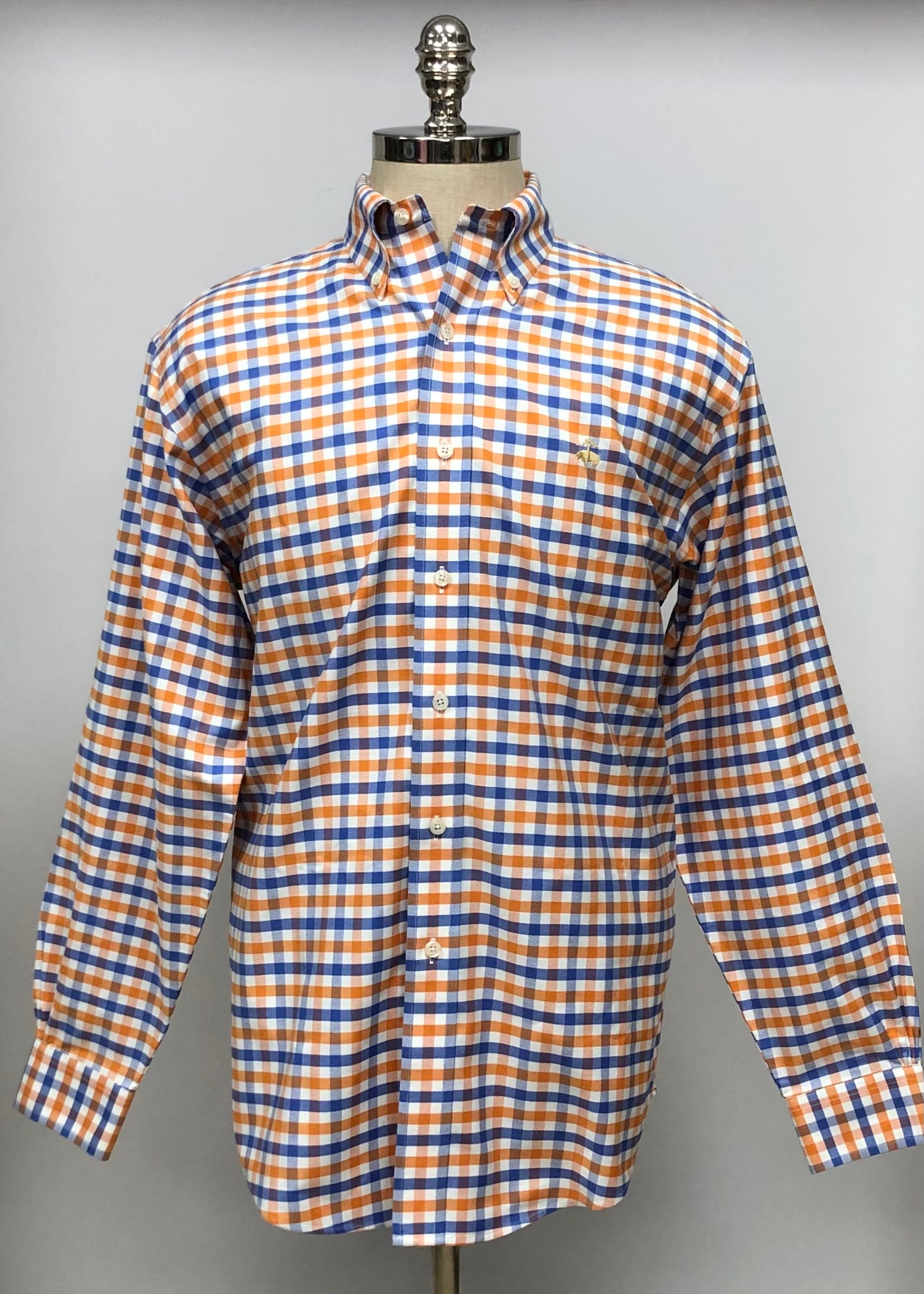 Camisa Brooks Brothers 🐑 color blanco con patrón de cuadros gingham en azul y naraja Talla L Entalle Regular