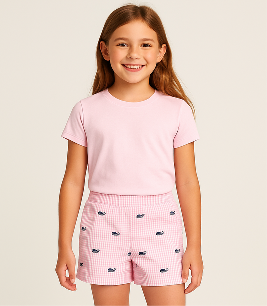Short de niña Vineyard Vines 🐳 Seersucker con estampado de rayas rosas y blancas con bordados de ballenas Talla 10