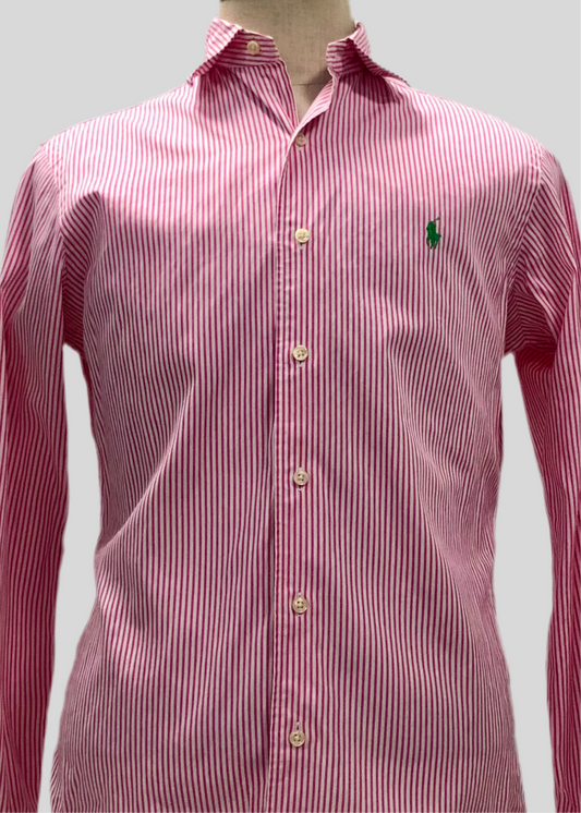 Camisa Polo Ralph Lauren 🏇🏼 color blanco con rayas en color rosado oscuro Talla S Entalle Regular