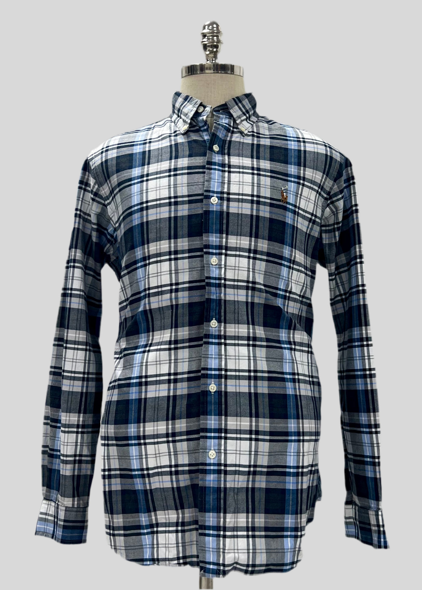 Camisa Polo Ralph Lauren 🏇🏼 Oxford de cuadros tartán en color azul navy, gris y blanco Talla L Entalle Clásico