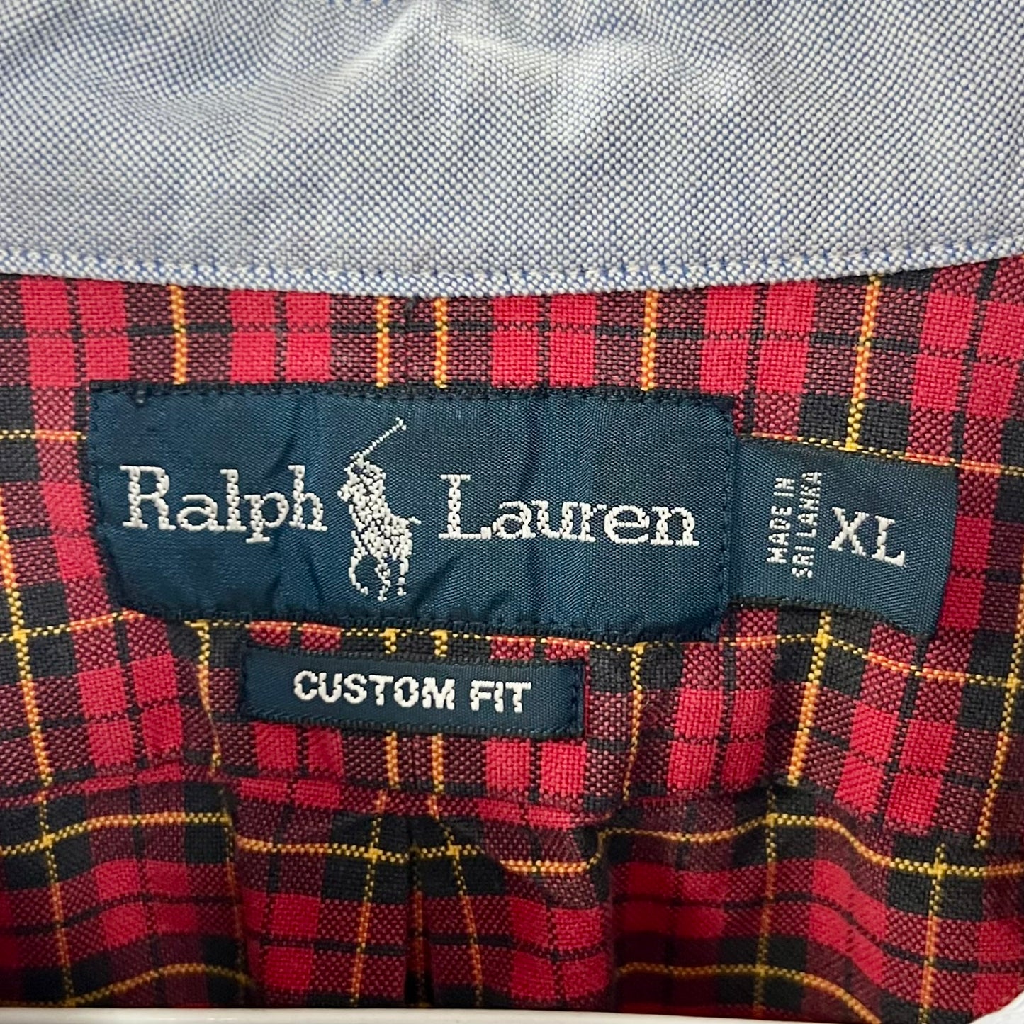 Camisa Polo Ralph Lauren 🏇🏼 con patron de cuadros gingham rojo, amarillo y negro Talla XL Entalle Custom Fit (ver descripción)