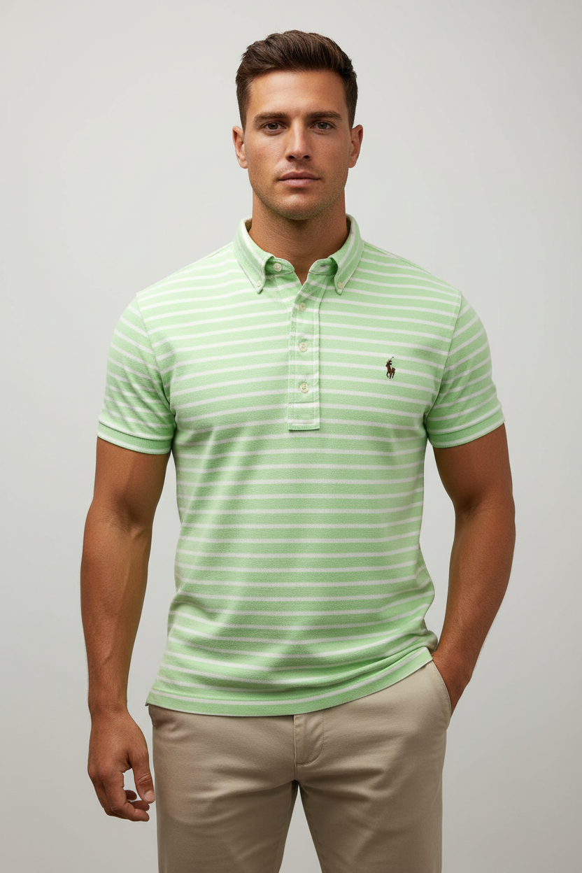 Camiseta Polo Ralph Lauren 🏇🏼 (Knit Oxford) color blanco con patrón de rayas en verde claro Talla L Entalle Regular