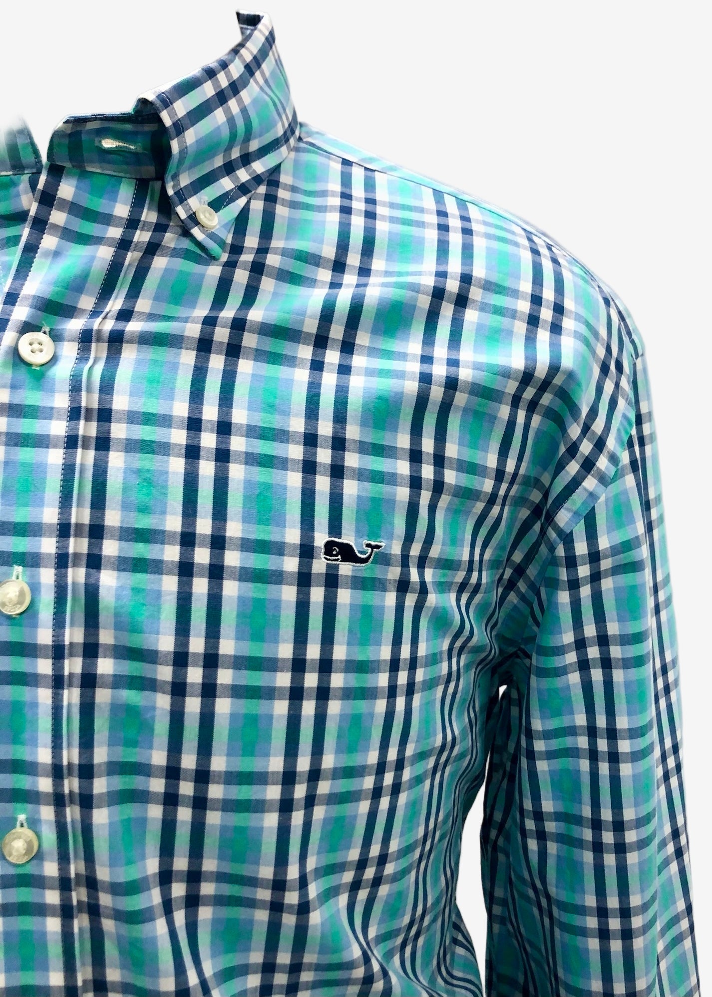 Camisa de botones Vineyard Vines 🐳 color blanco de cuadros tartán en verde y azul navy Talla L Entalle Regular