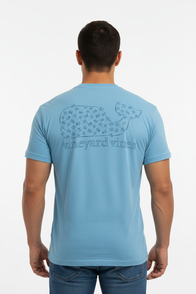 Camiseta cuello redondo Vineyard Vines 🐳 color celeste claro con Diseño de Ballena Hamburguesa Talla Medium