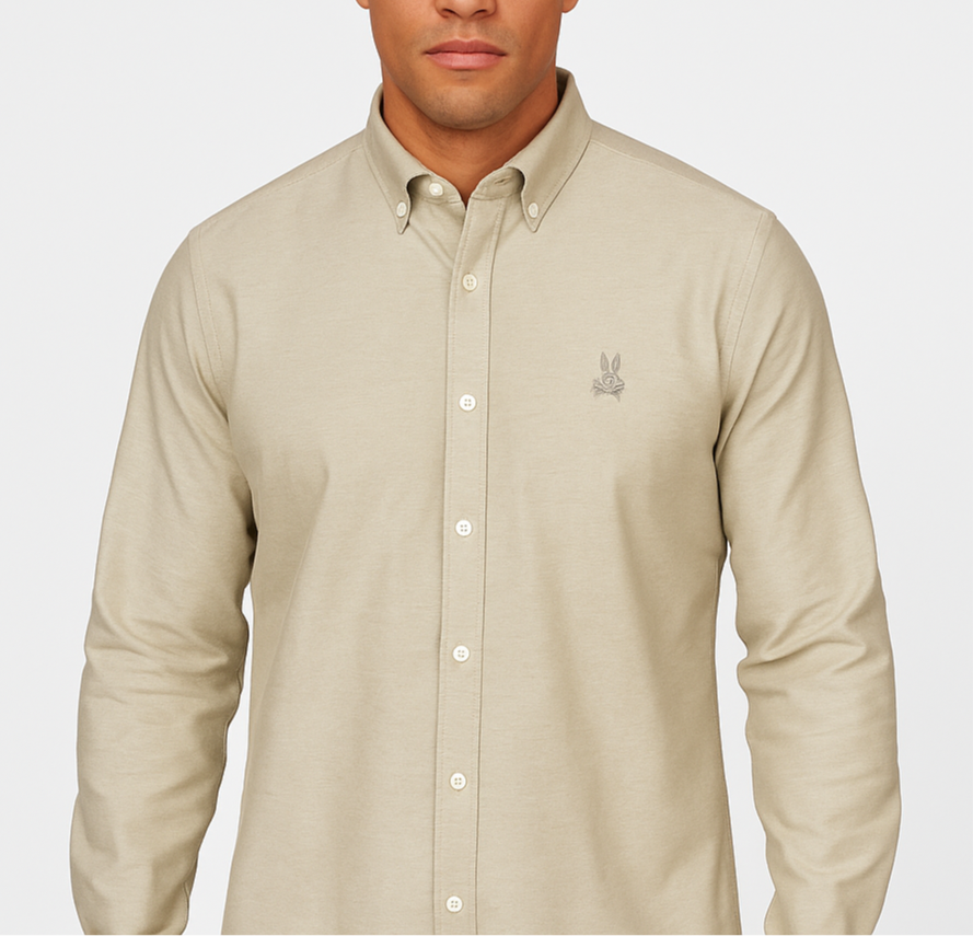 Camisa de botones Psycho Bunny 🐰  Oxford Color Kaki con logo tradicional Talla XL Entalle Regular