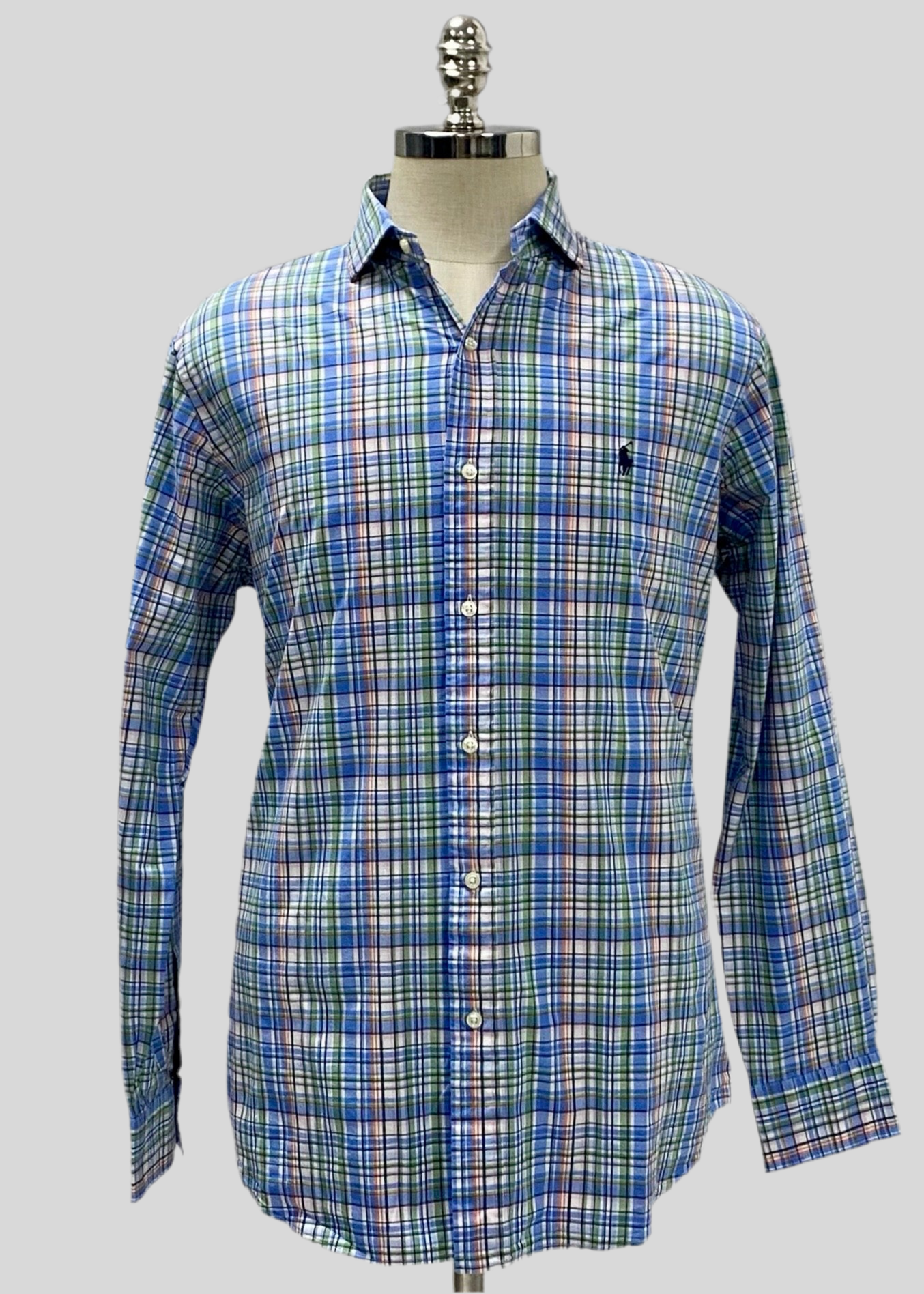 Camisa Polo Ralph Lauren 🏇🏼 con patrón de cuadros celeste, verde, naranja y blanco Talla L Entalle Clásico