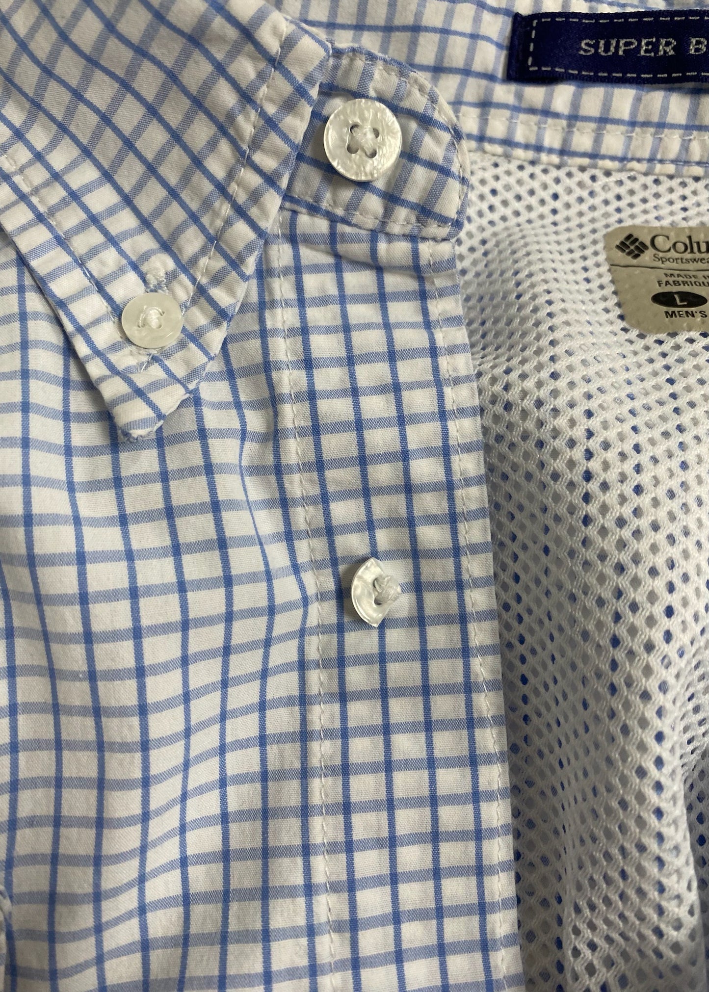 Camisa Columbia 🔹 Modelo Super Bonehead con patrón de cuadros en celeste y blanco Manga larga Talla L (ver descripción)