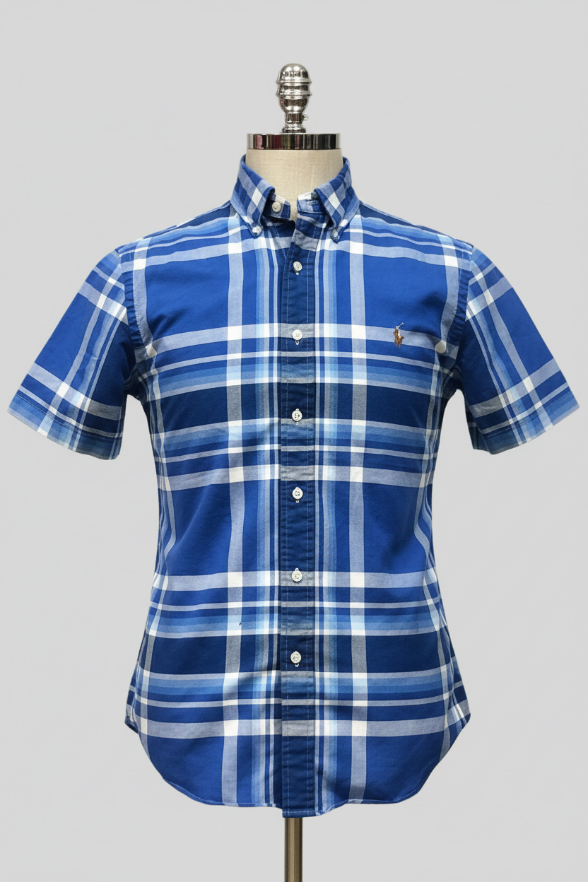 Camisa Polo Ralph Lauren 🏇🏼 Oxford con patron de cuadros tartán azul, celeste y blanco Talla M Entalle Slim Fit