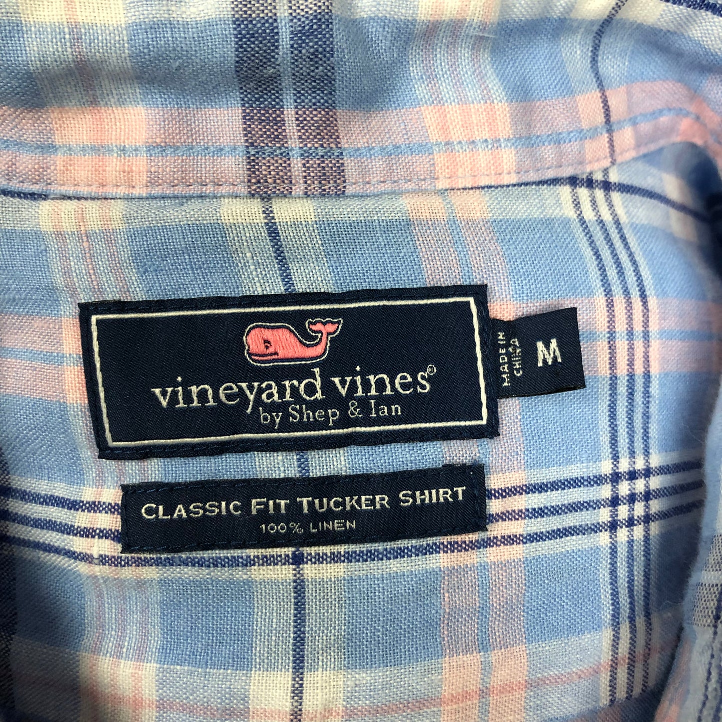 Camisa de botones Vineyard Vines 🐳 De Lino con patrón de cuadros en azul, rosado y blanco Talla M Entalle Clásico