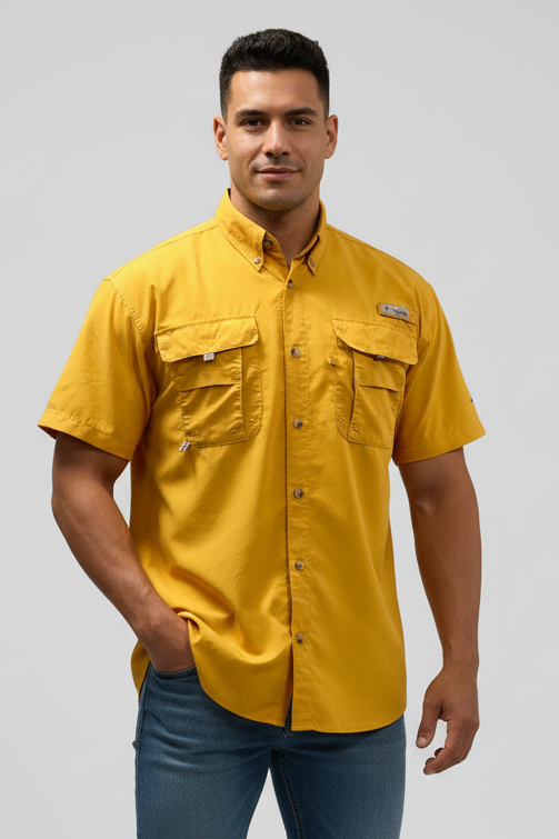 Camisa de botones Columbia 🔹color naranja con Omni Shade Manga corta Talla M