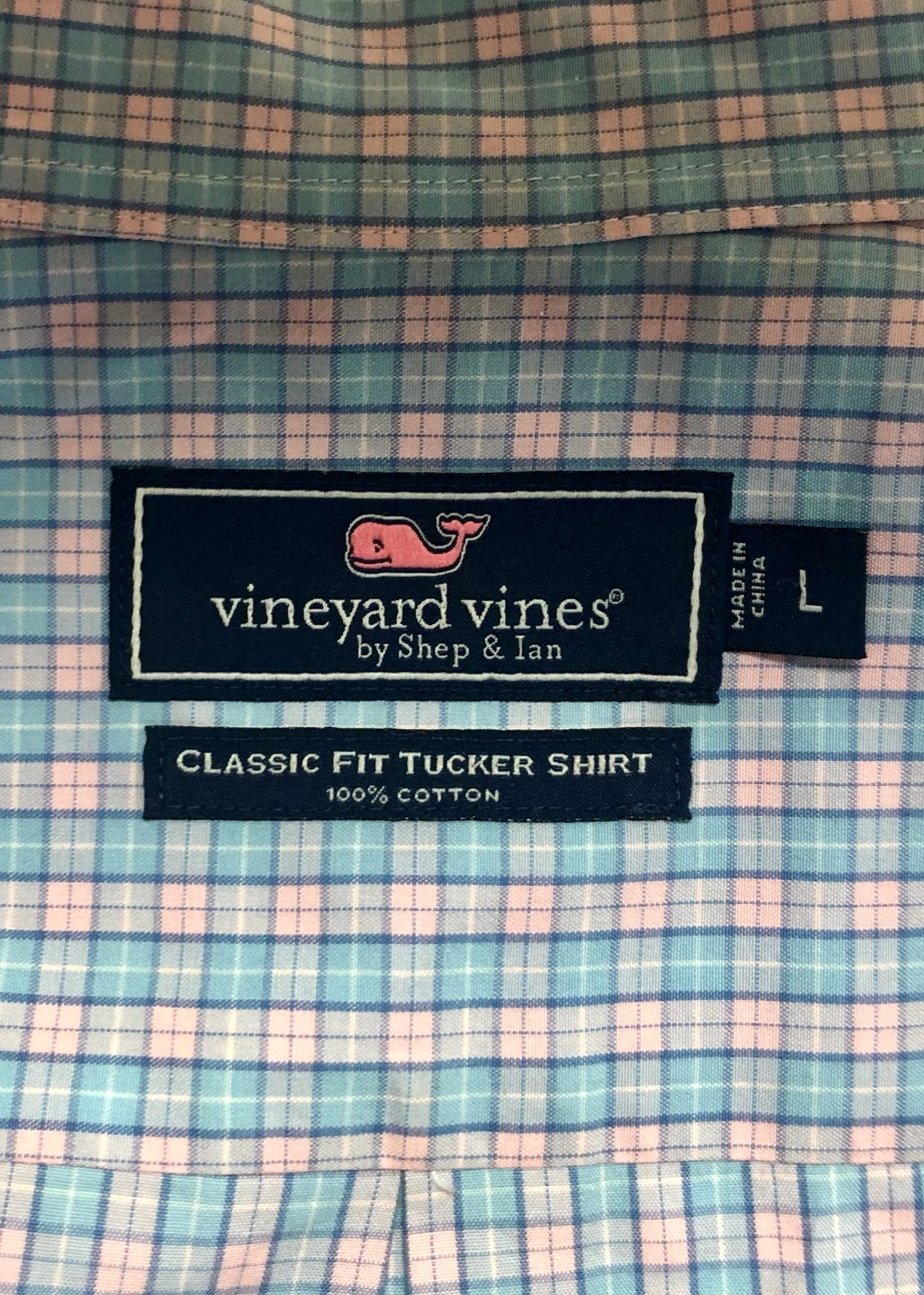Camisa de botones Vineyard Vines 🐳 de cuadros en color rosado y celeste Talla L Entalle Clásico