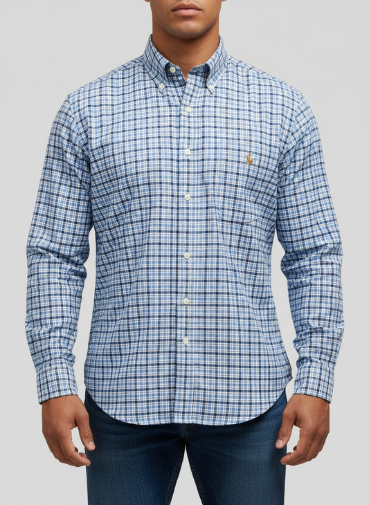 Camisa Polo Ralph Lauren 🏇🏼 Oxford con patron de cuadros azul, celeste y blanco Talla L Entalle Regular