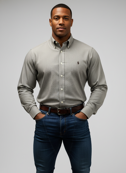 Camisa de botones Polo Ralph Lauren 🏇🏼 con patron de cuadros finos marrón y blanco Talla L Entalle Regular