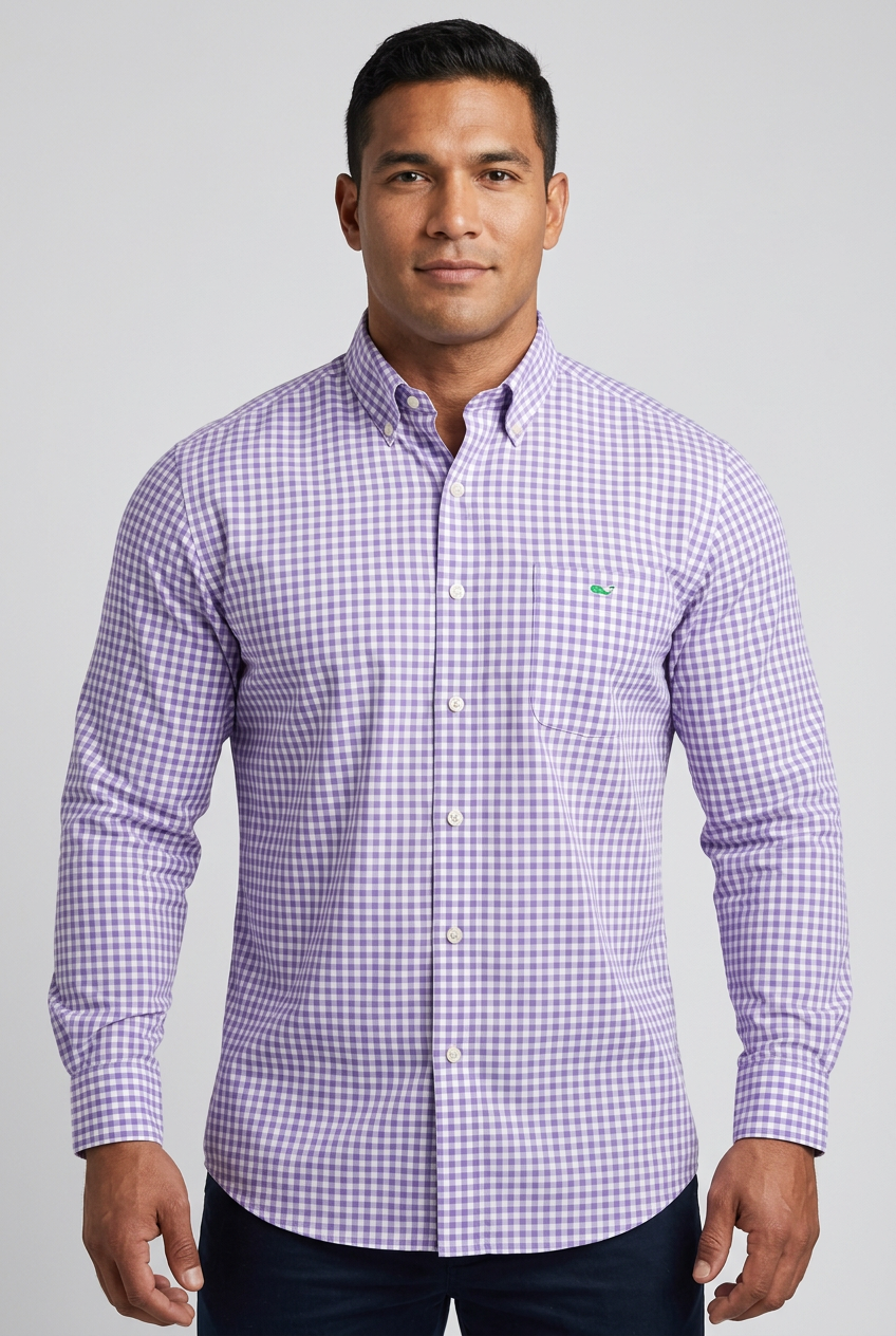 Camisa de botones Vineyard Vines 🐳 con patron cuadros gingham en color lila y blanco Talla L Entalle Regular
