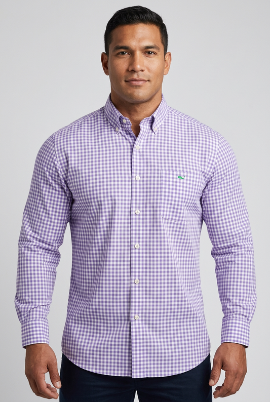 Camisa de botones Vineyard Vines 🐳 con patron cuadros gingham en color lila y blanco Talla L Entalle Regular