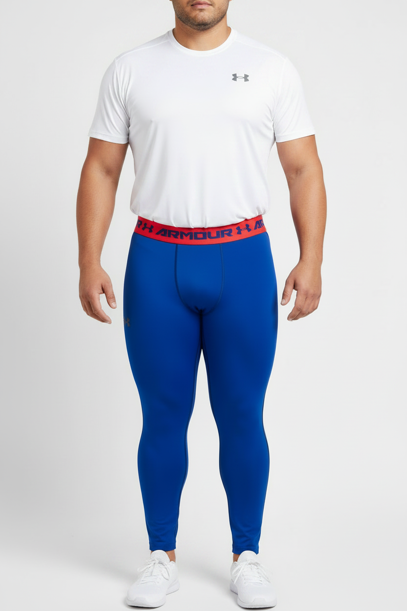 Malla de entrenamiento licra Under Armour 🏋🏽 Pro Dri-FIT para hombre en Color azul intenso y cintura rosado neón Talla L