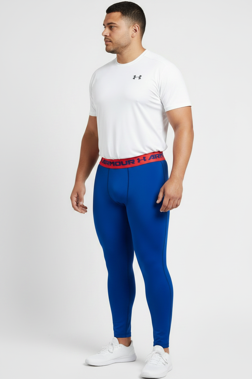 Malla de entrenamiento licra Under Armour 🏋🏽 Pro Dri-FIT para hombre en Color azul intenso y cintura rosado neón Talla L