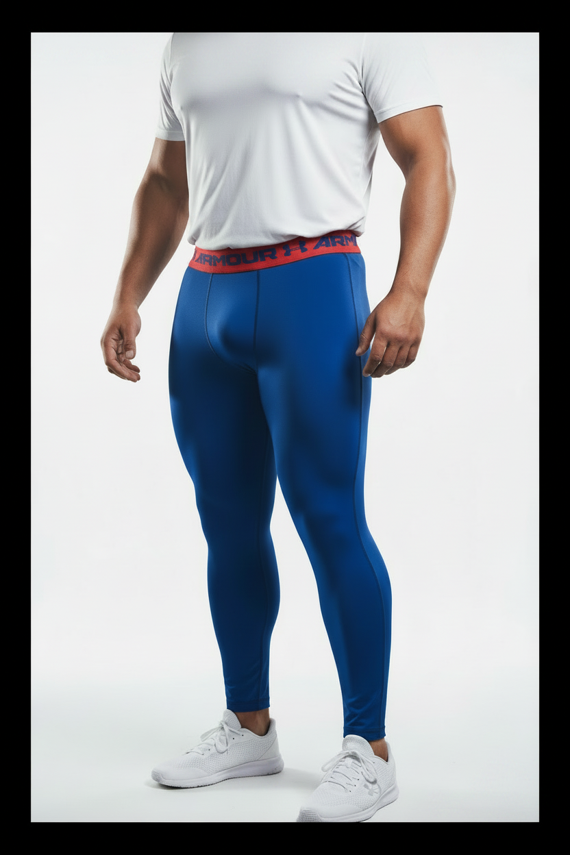 Malla de entrenamiento licra Under Armour 🏋🏽 Pro Dri-FIT para hombre en Color azul intenso y cintura rosado neón Talla L