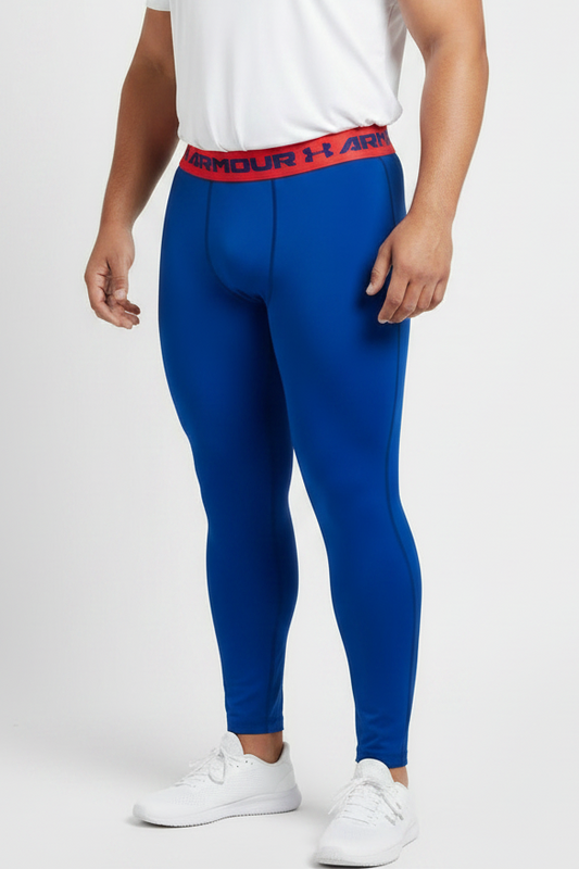 Malla de entrenamiento licra Under Armour 🏋🏽 Pro Dri-FIT para hombre en Color azul intenso y cintura rosado neón Talla L