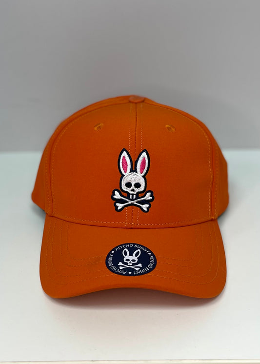 Gorra Psycho Bunny  🐰 color naranja intenso con logotipo multicolor