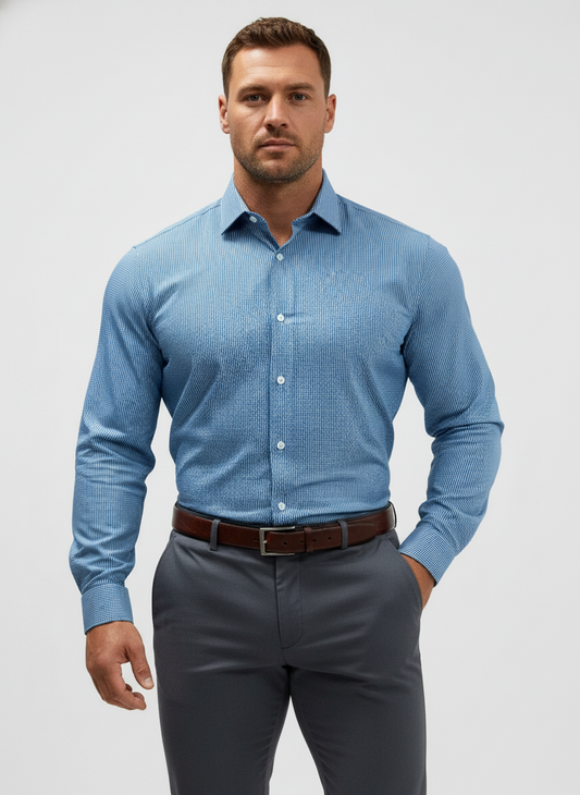 Camisa de botones Old Navy de cuadros finos en color azul navy y blanco Talla M Entalle Slim Fit